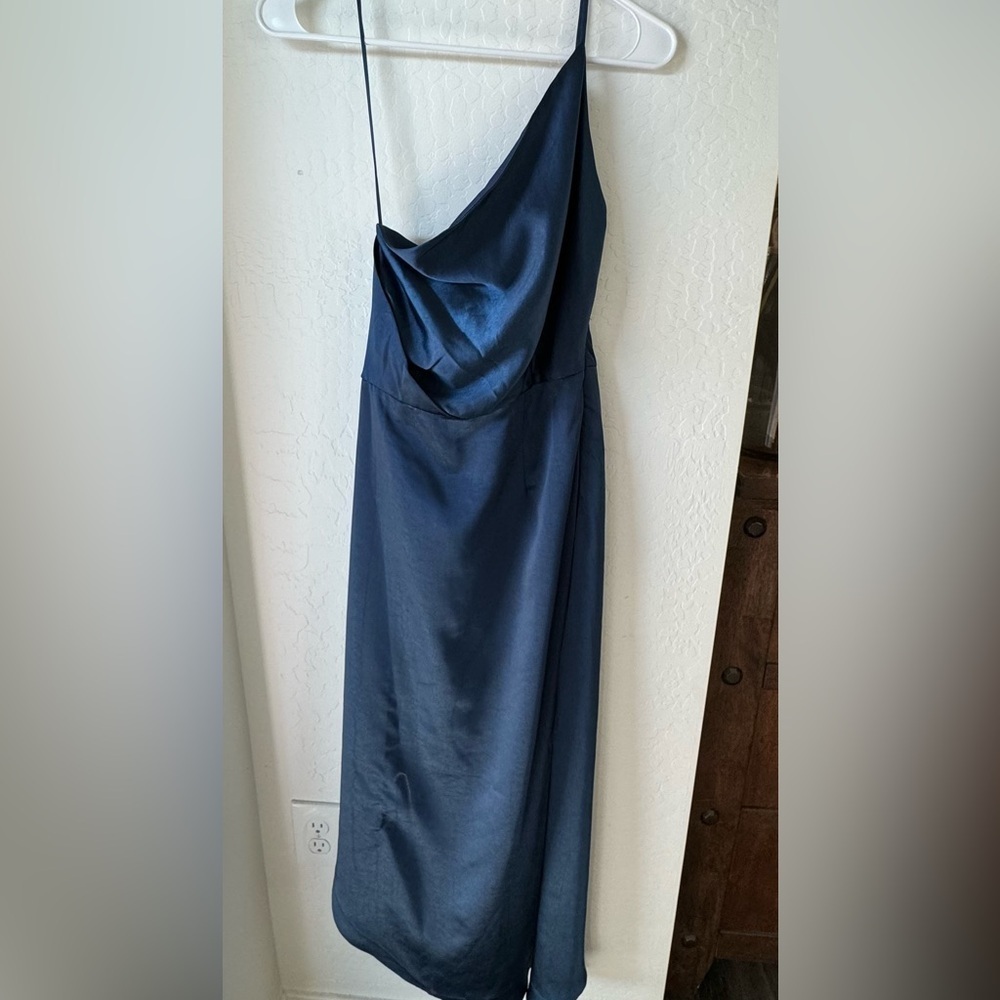 o.p.t navy blue one shoulder satin midi dress